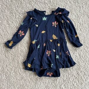Kyte BABY Navy Long-Sleeve Dress with Yellow, Orange, and Light Green Leaf Print